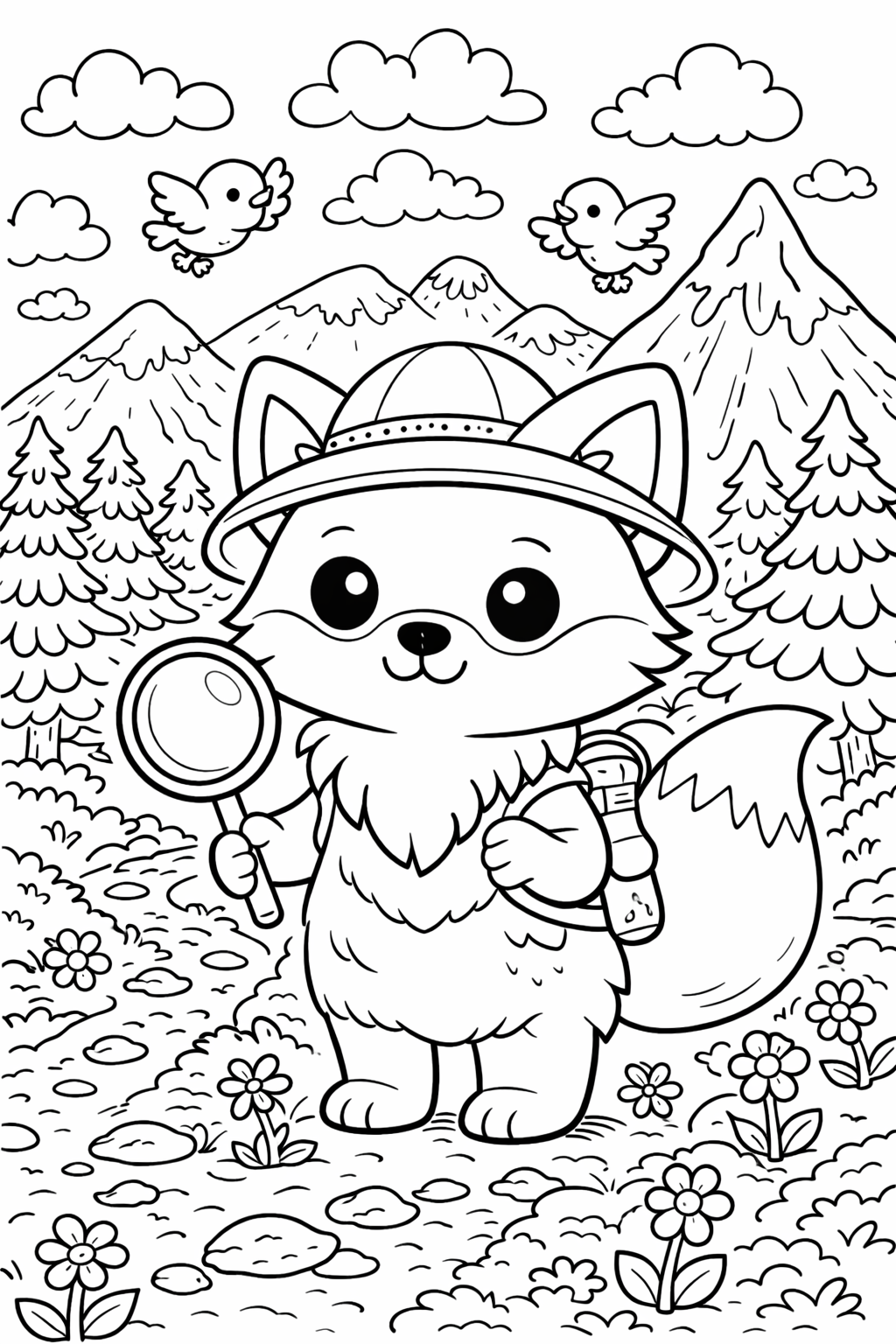 An adorable fox in a forest holding a magnifying glass. It wears a hat and is surrounded by mountains, trees, and flowers. Birds fly in the clear sky, creating a cheerful scene for children to color.