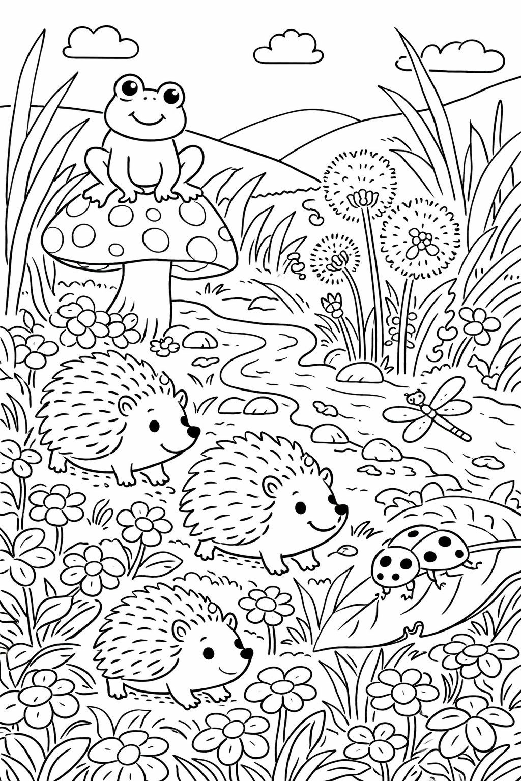 Coloring page with happy hedgehogs, a frog on a mushroom, and ladybugs in a vibrant forest setting. Flowers and a stream complete the charming scene, ideal for kids to explore creativity.
