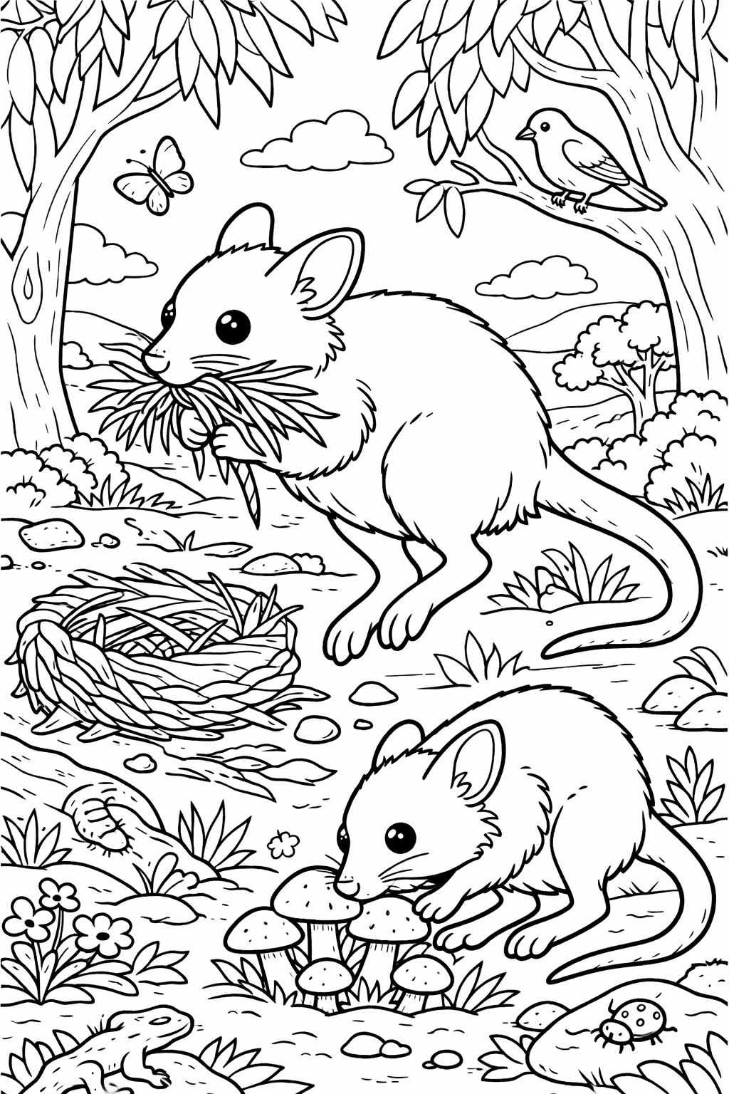 Coloring page of forest animals with two small creatures, trees, mushrooms, and insects like a butterfly, offering a fun and detailed coloring activity for kids.