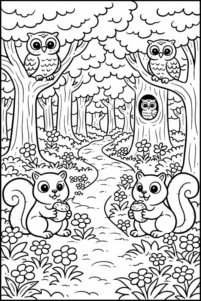 A forest scene featuring squirrels holding acorns and owls in the trees. Children can color the lush environment, bringing the woodland creatures to life in this engaging coloring page.