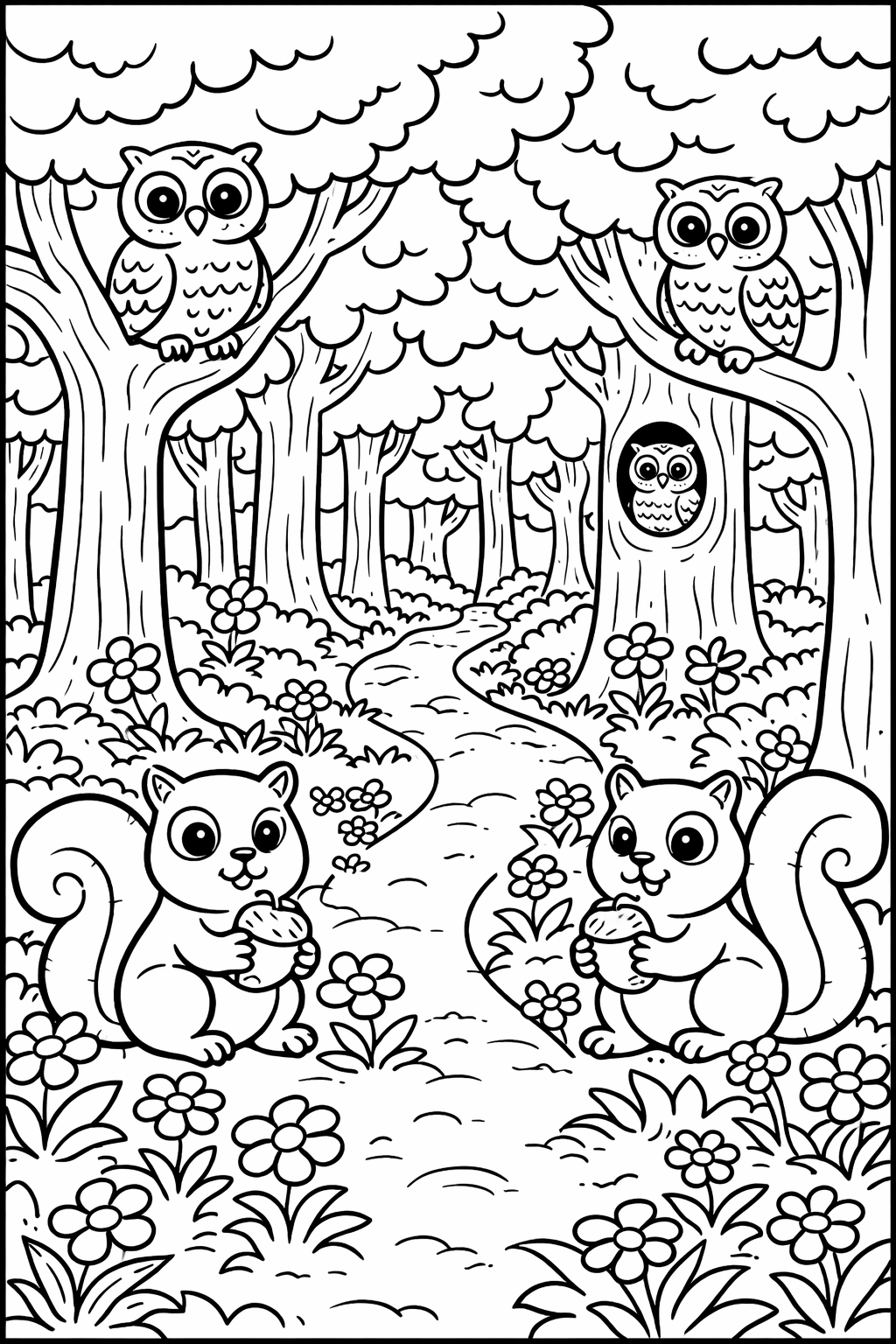 A forest scene featuring squirrels holding acorns and owls in the trees. Children can color the lush environment, bringing the woodland creatures to life in this engaging coloring page.