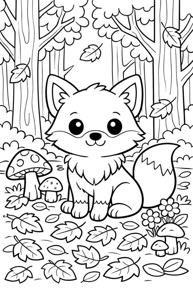 A cute fox surrounded by trees, mushrooms, and fallen leaves in a forest setting. This coloring page offers simple, child-friendly designs for kids to express their creativity through coloring.