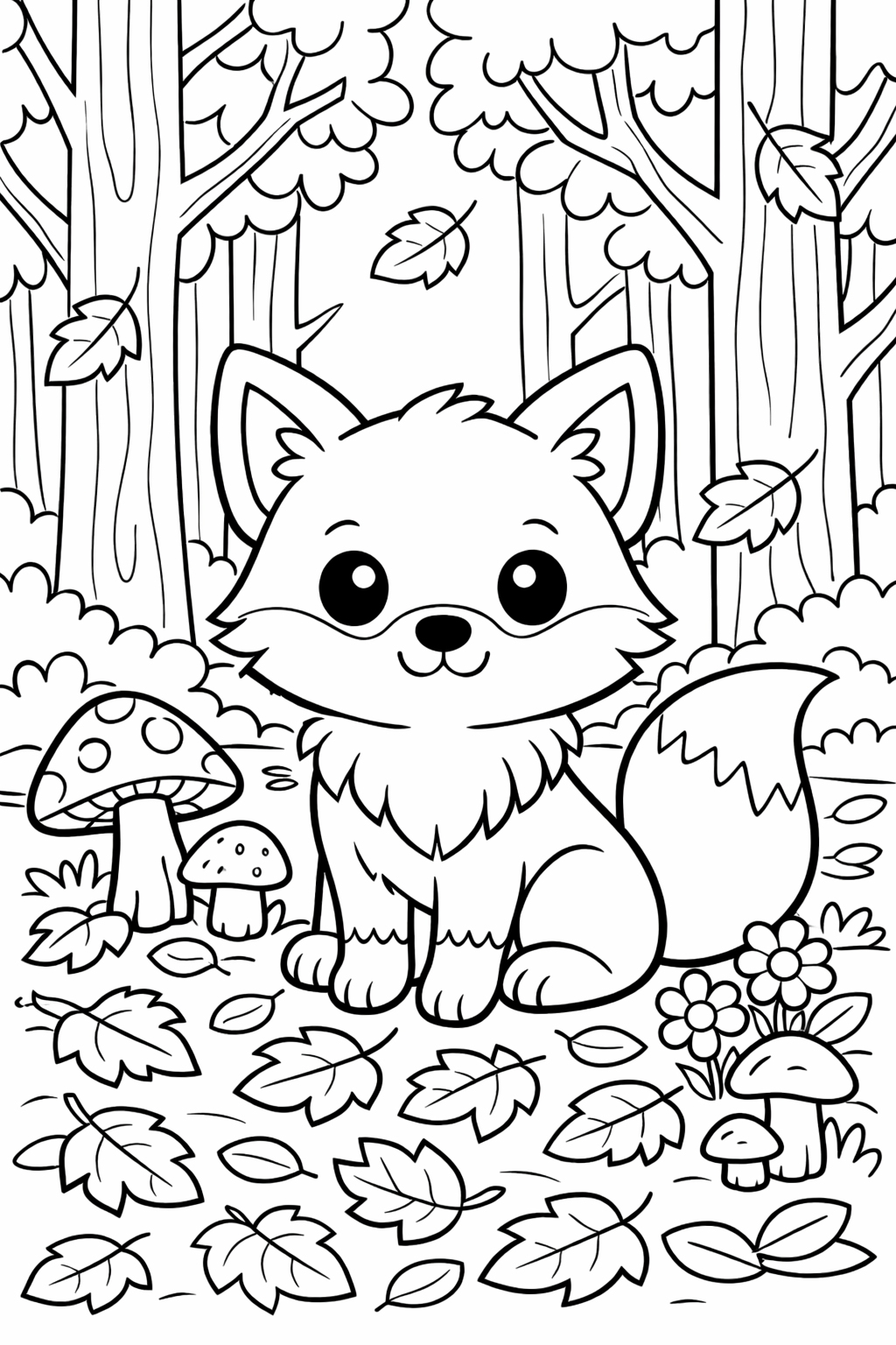 A cute fox surrounded by trees, mushrooms, and fallen leaves in a forest setting. This coloring page offers simple, child-friendly designs for kids to express their creativity through coloring.