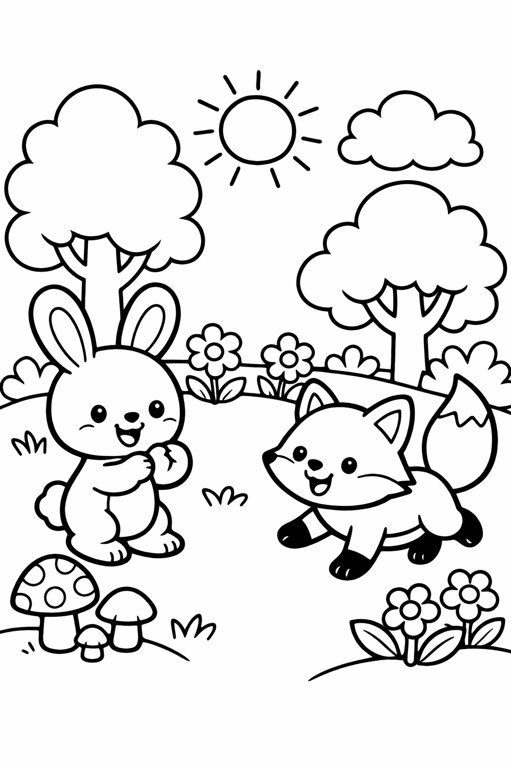A coloring page featuring a cute bunny and a cheerful fox in a garden with trees, flowers, and mushrooms. The sun is shining brightly, creating a cheerful and inviting setting for children to add colors according to their imagination.