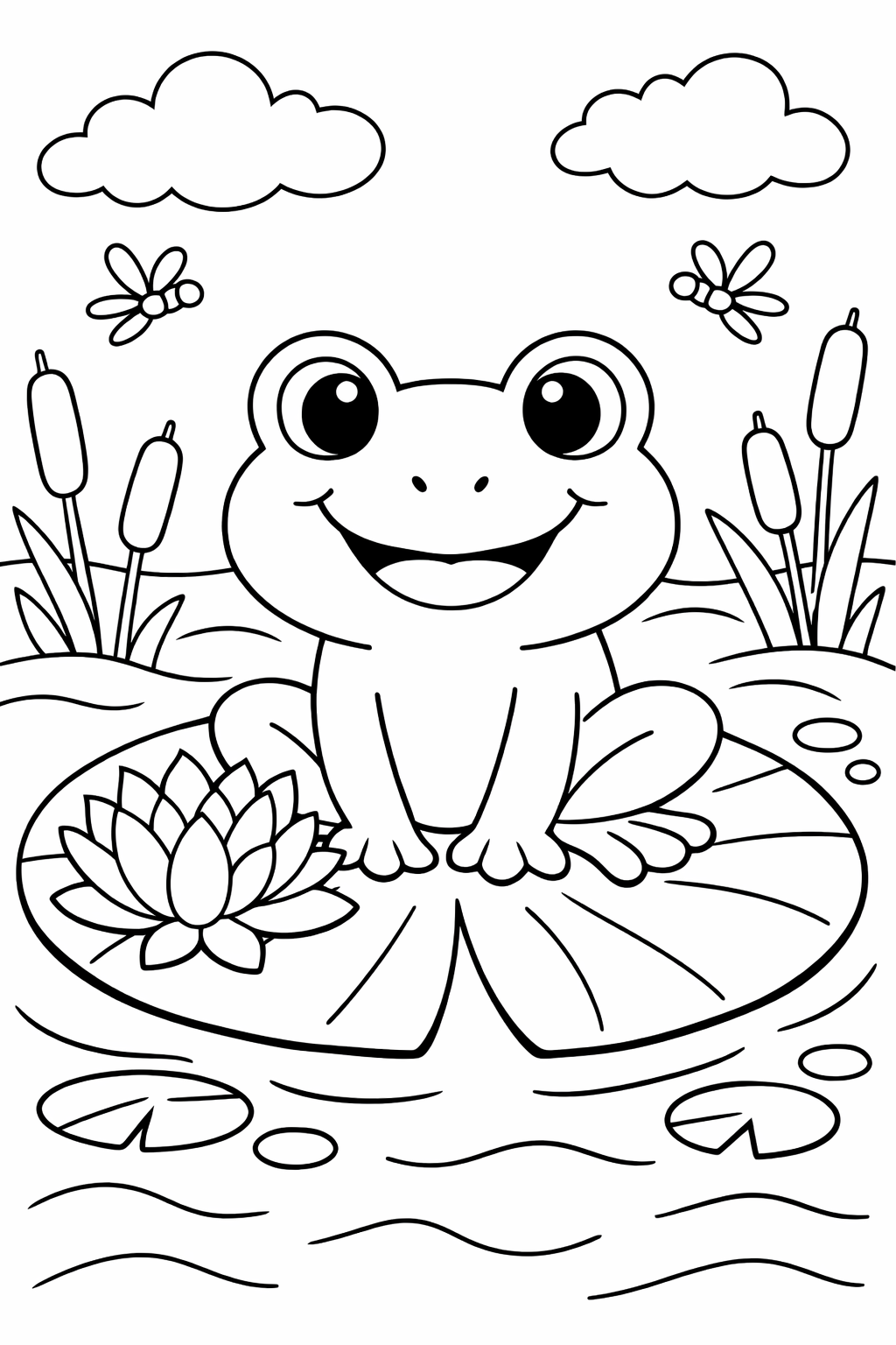 A cheerful frog sits on a lily pad, with cattails and dragonflies buzzing around, providing children with an enjoyable coloring opportunity.