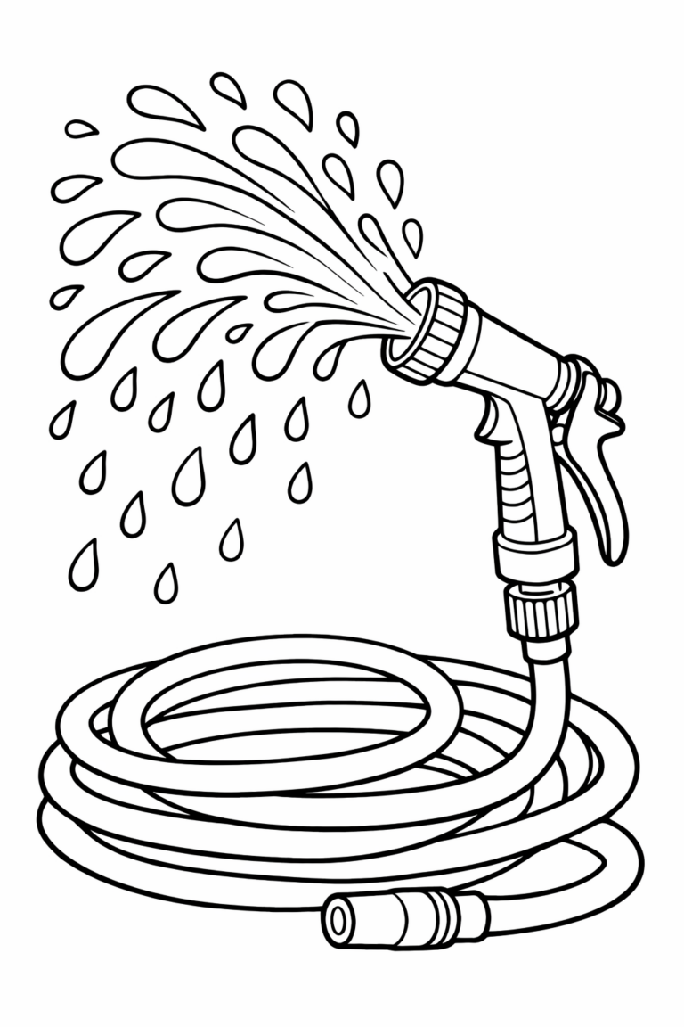 An engaging children's coloring page showcasing a garden hose with water spraying, allowing kids to experiment with colors and enhance their creativity as they fill in the lines and shapes.