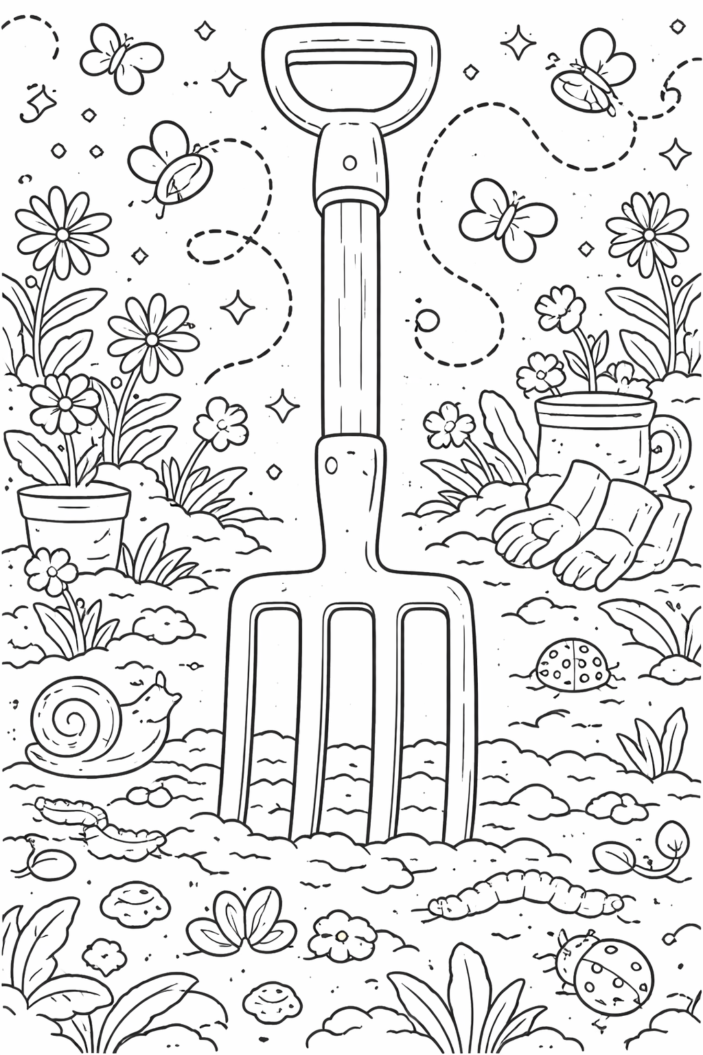 Colorful garden scene with a fork, flowers, butterflies, snails, and worms offering a delightful and educational coloring page for children.