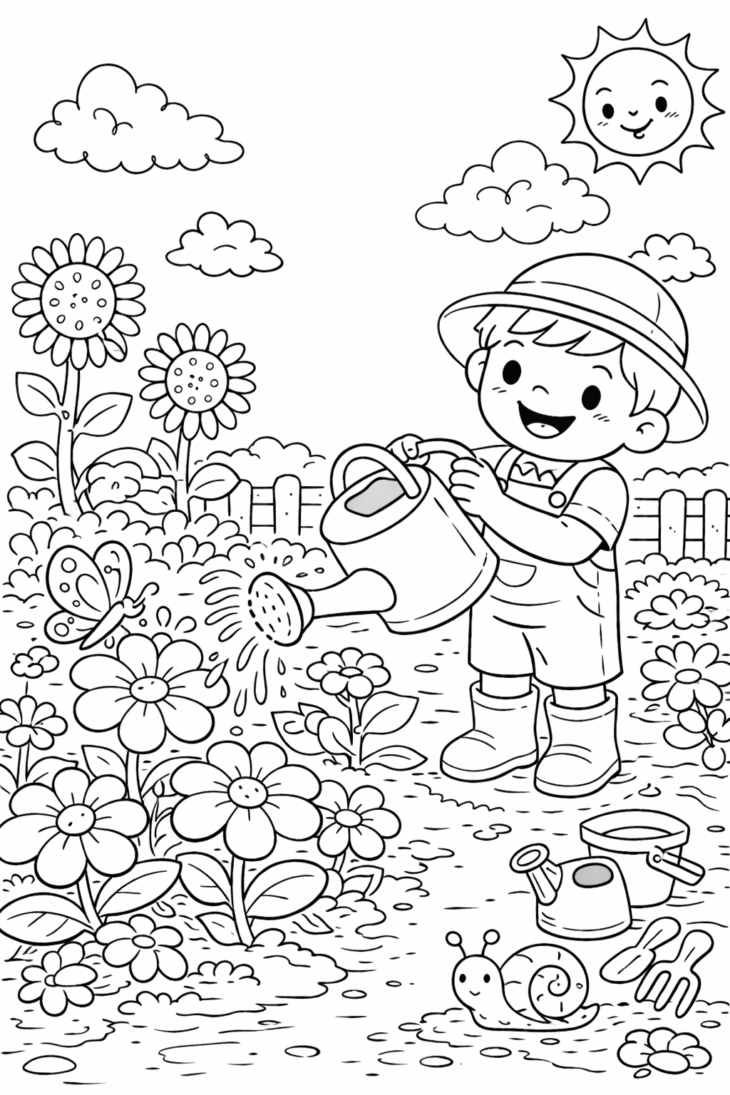 A happy child watering flowers in a garden, surrounded by butterflies and a smiling sun in the sky.