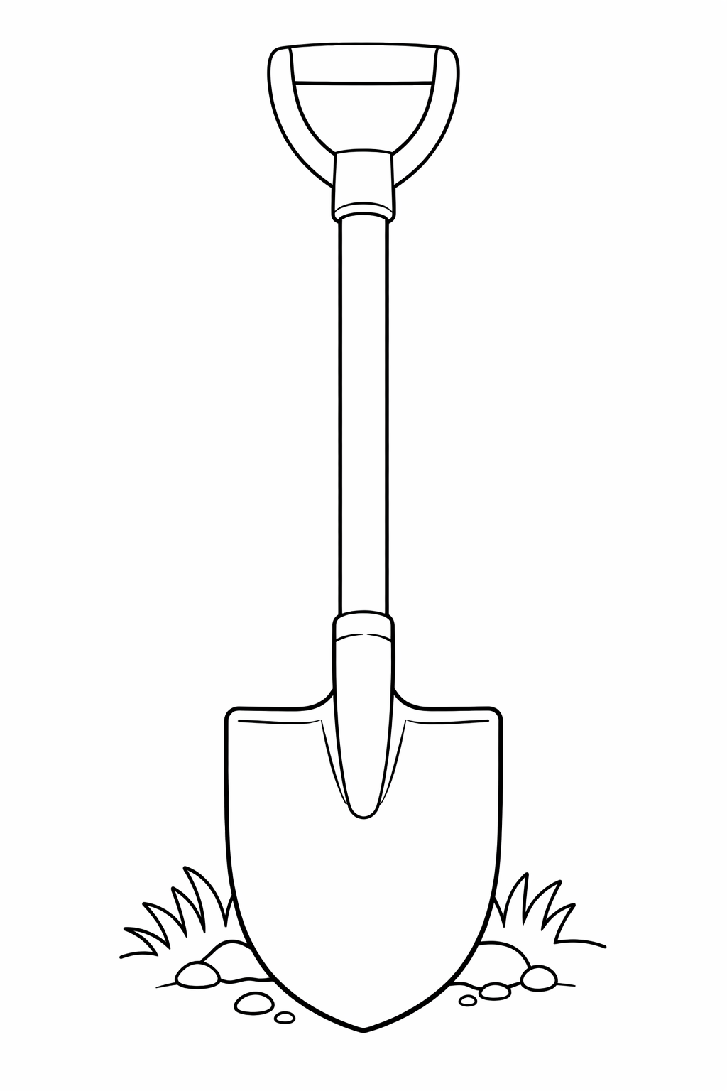 A coloring page showing a garden shovel with grass and stones, perfect for kids interested in drawing and exploring garden-related themes with vibrant colors.