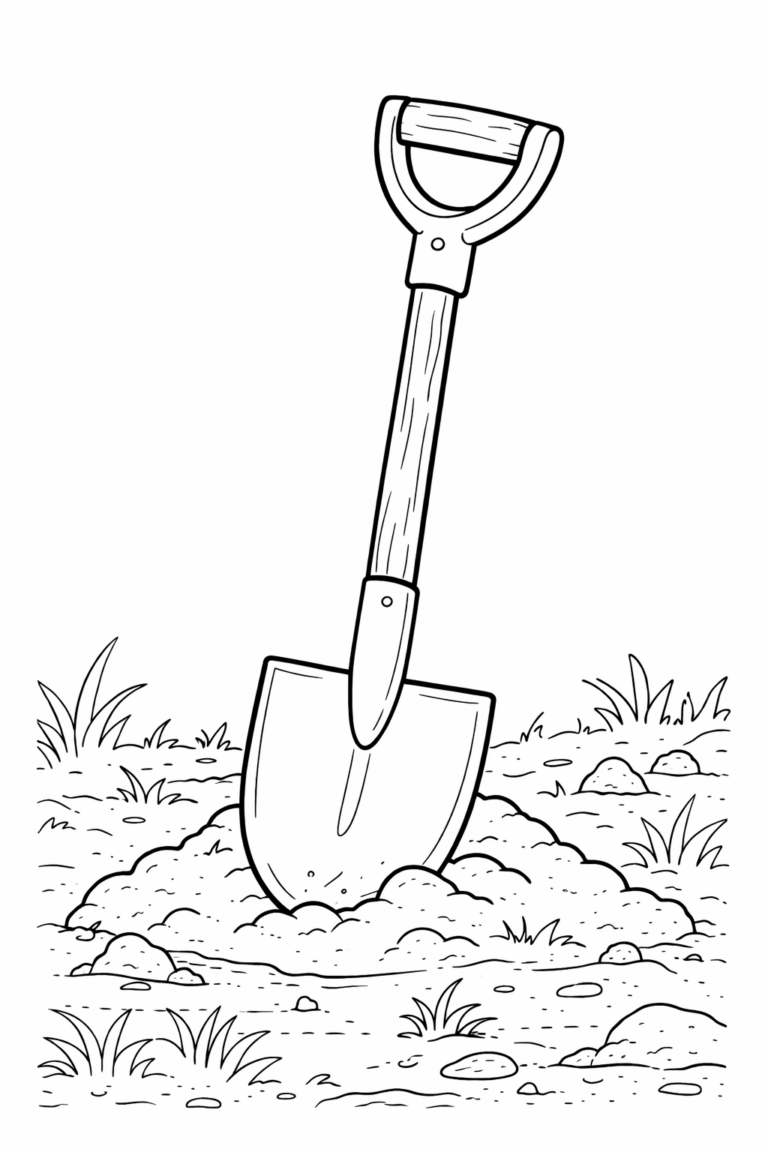 A coloring page depicting a garden shovel stuck in grassy soil, surrounded by rocks and grass, ideal for kids learning about gardening.