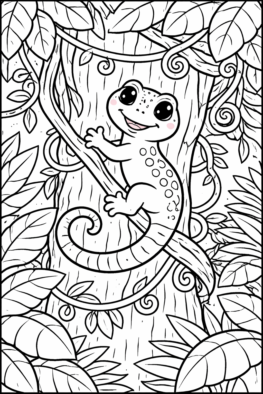 A delightful gecko climbs a tree amidst swirling vines and lush leaves, inviting children to color the vibrant scene with their imagination and enjoy the jungle theme.