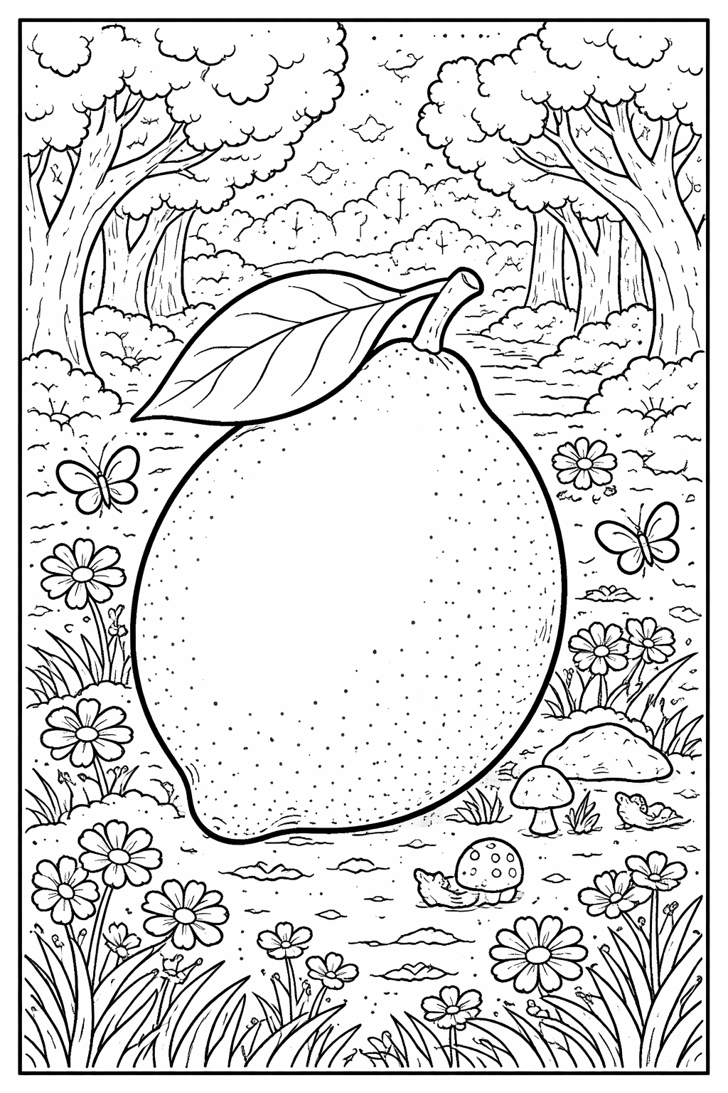 A giant fruit surrounded by flowers and butterflies in a whimsical garden, ready for children to color and enjoy. The scene includes trees, mushrooms, and a pathway, creating a fairy tale atmosphere.