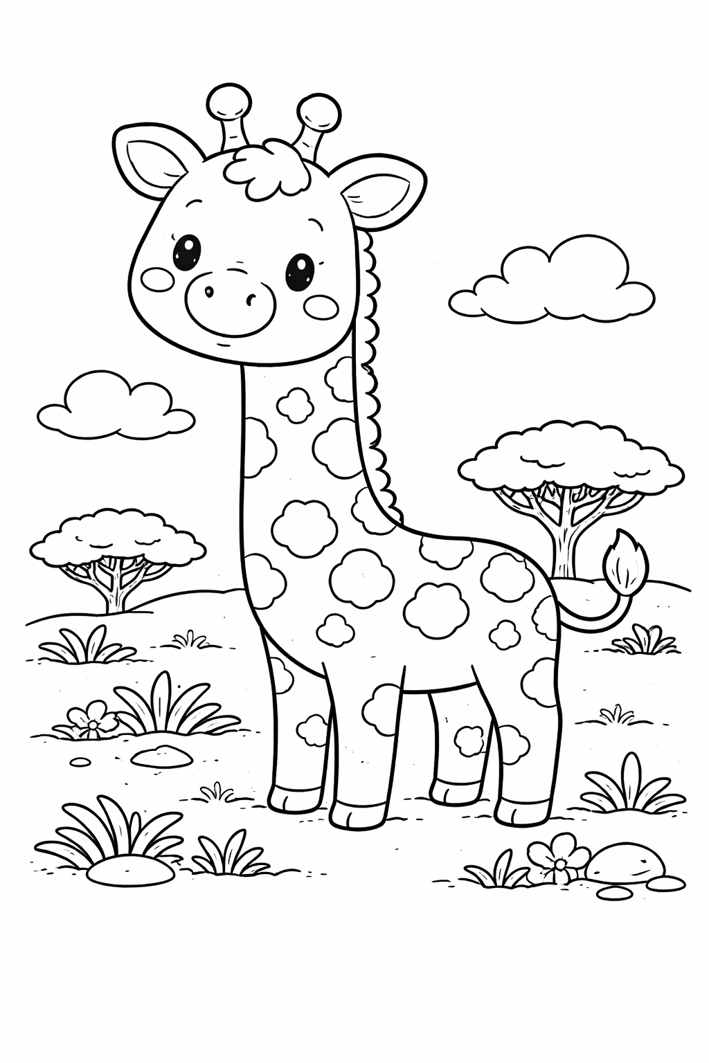 A cute giraffe in a playful landscape with trees, clouds, and grass, designed as a coloring page for children to enhance their artistic skills.