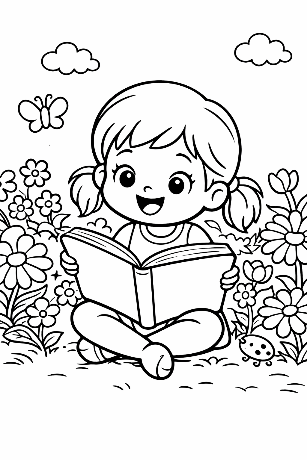 A young girl sits in a garden reading a book, surrounded by flowers and butterflies. Her joyful expression highlights the simple joys of reading and being in nature. Perfect for a children's coloring activity.