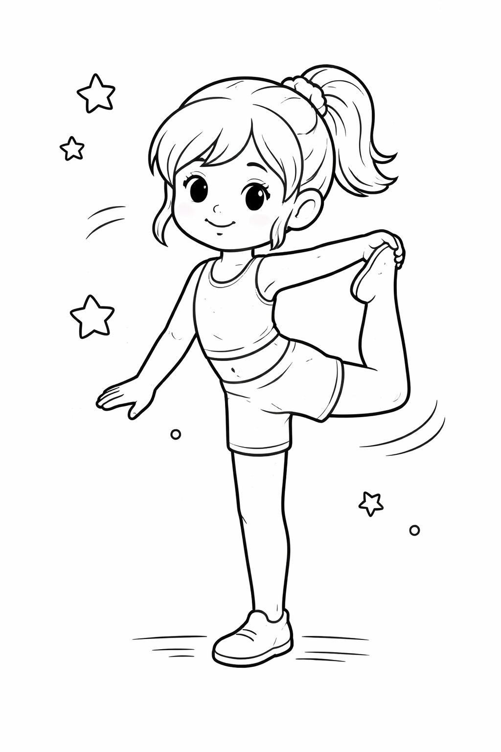 A charming coloring page showing a young girl in a stretching pose, balancing on one leg. Stars are depicted around her, inviting creativity from children using vivid colors for this joyful scene.