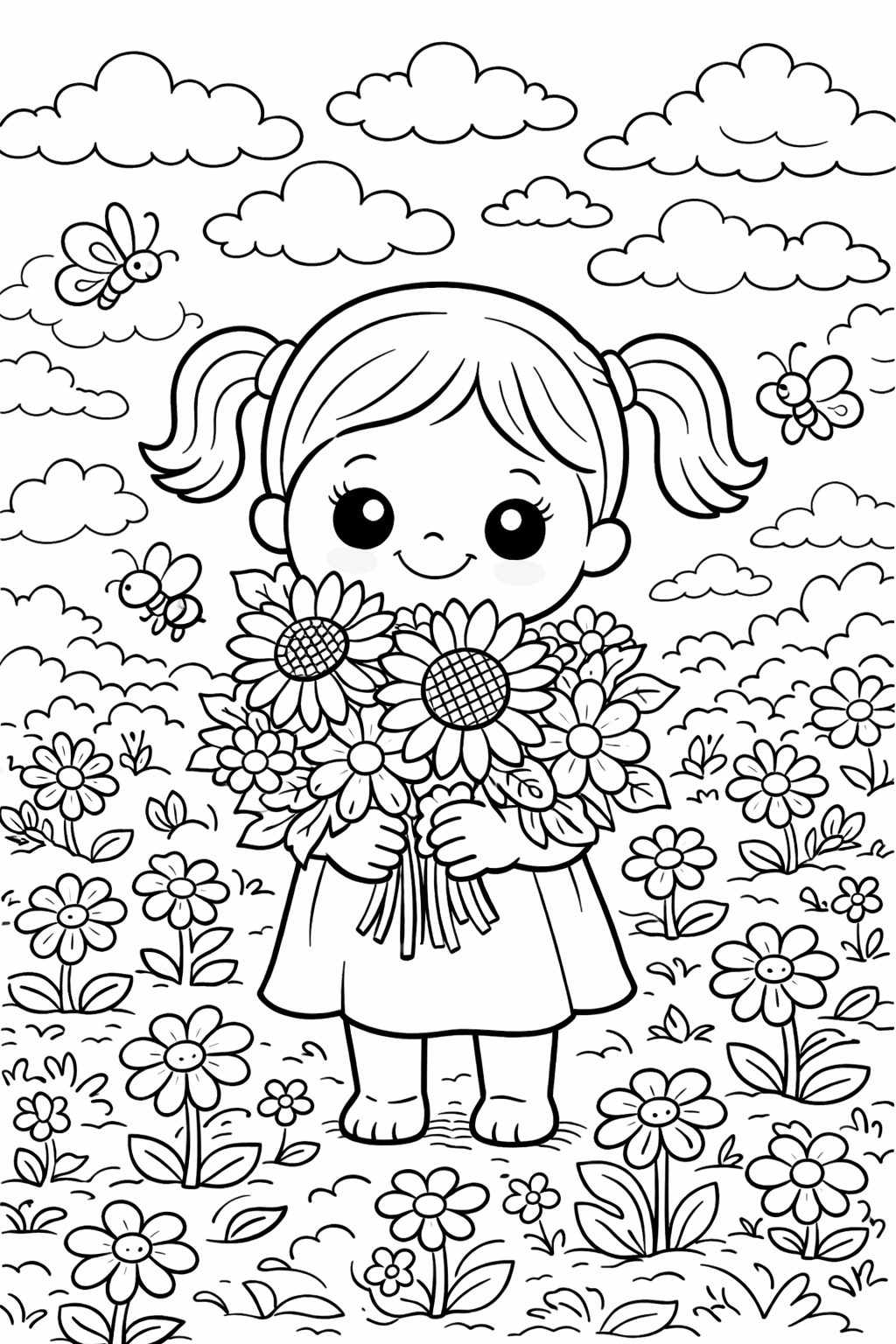A charming coloring page with a girl holding two bright bouquets in a blooming flower field, surrounded by fluffy clouds and buzzing bees, ideal for kids to color.