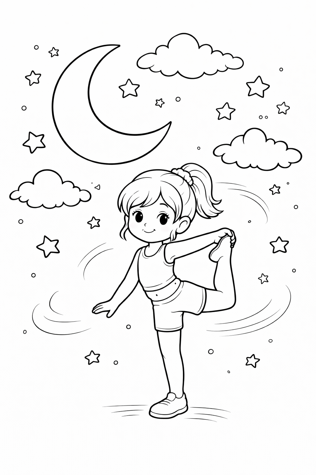 Coloring page of a young girl in a yoga pose under a night sky with clouds, stars, and a crescent moon. Designed for children who enjoy imaginative coloring activities and exploring tranquil scenes.