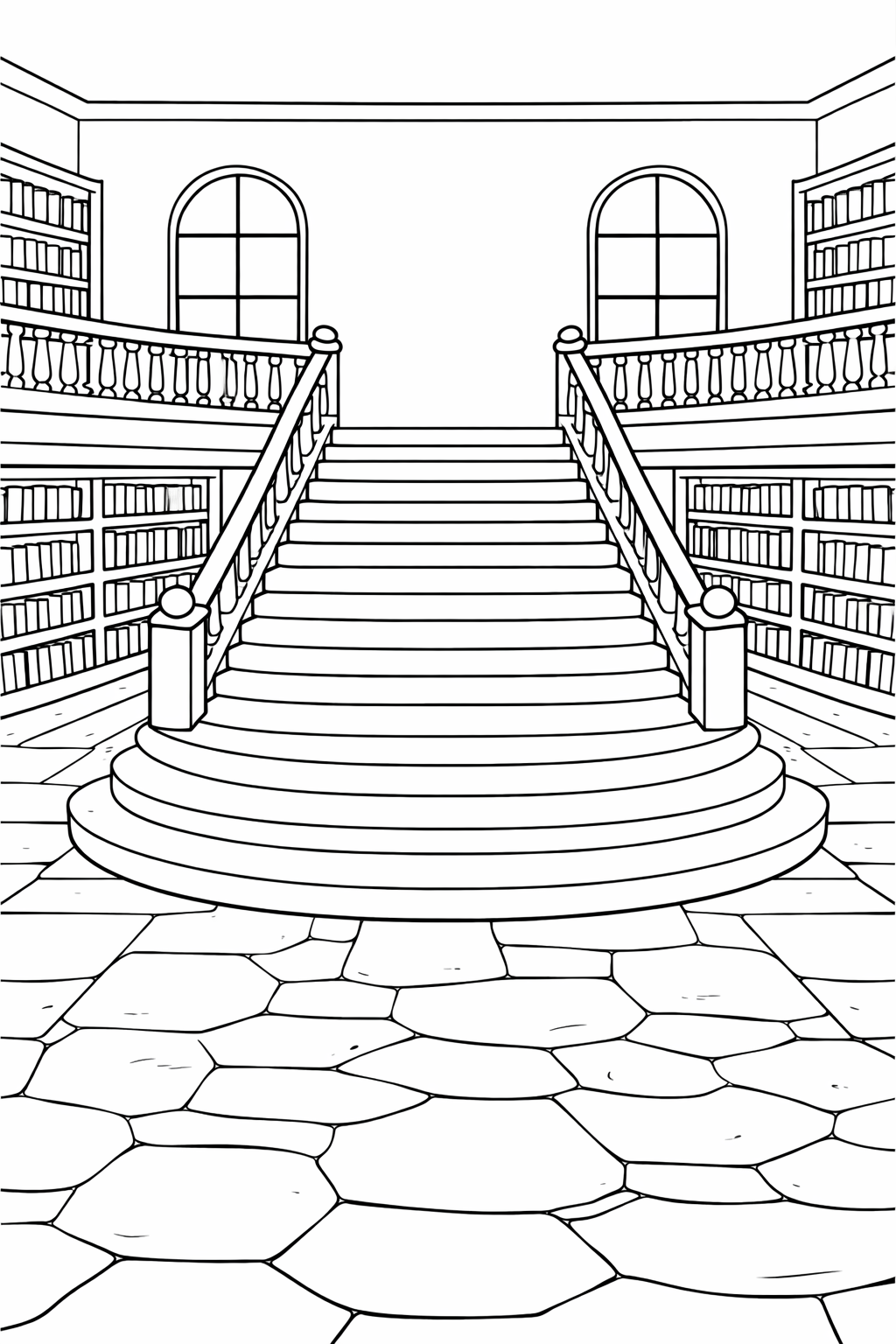 A grand staircase inside a vast library with tall shelves filled with books. Children can color the detailed steps, banisters, and surrounding bookshelves, enhancing their creativity and love for architectural scenes.