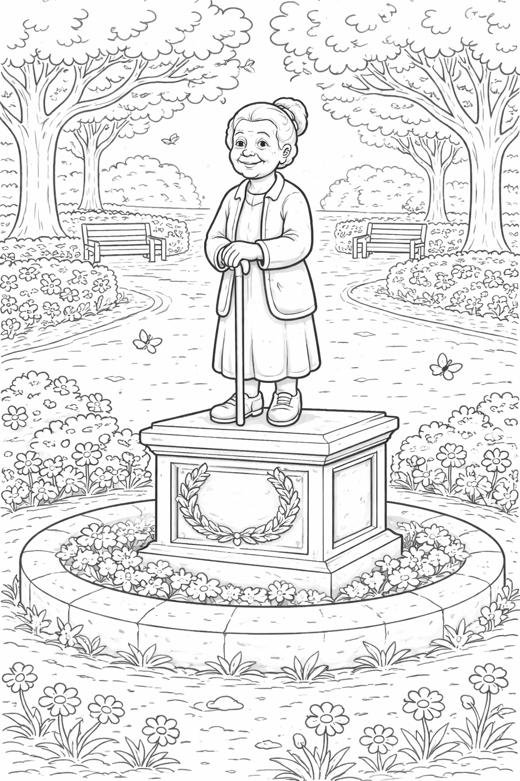A coloring page showing a grandmother statue in a park, with flowers, trees, and benches in the background, inviting children to use vibrant colors to bring the tranquil scene to life.