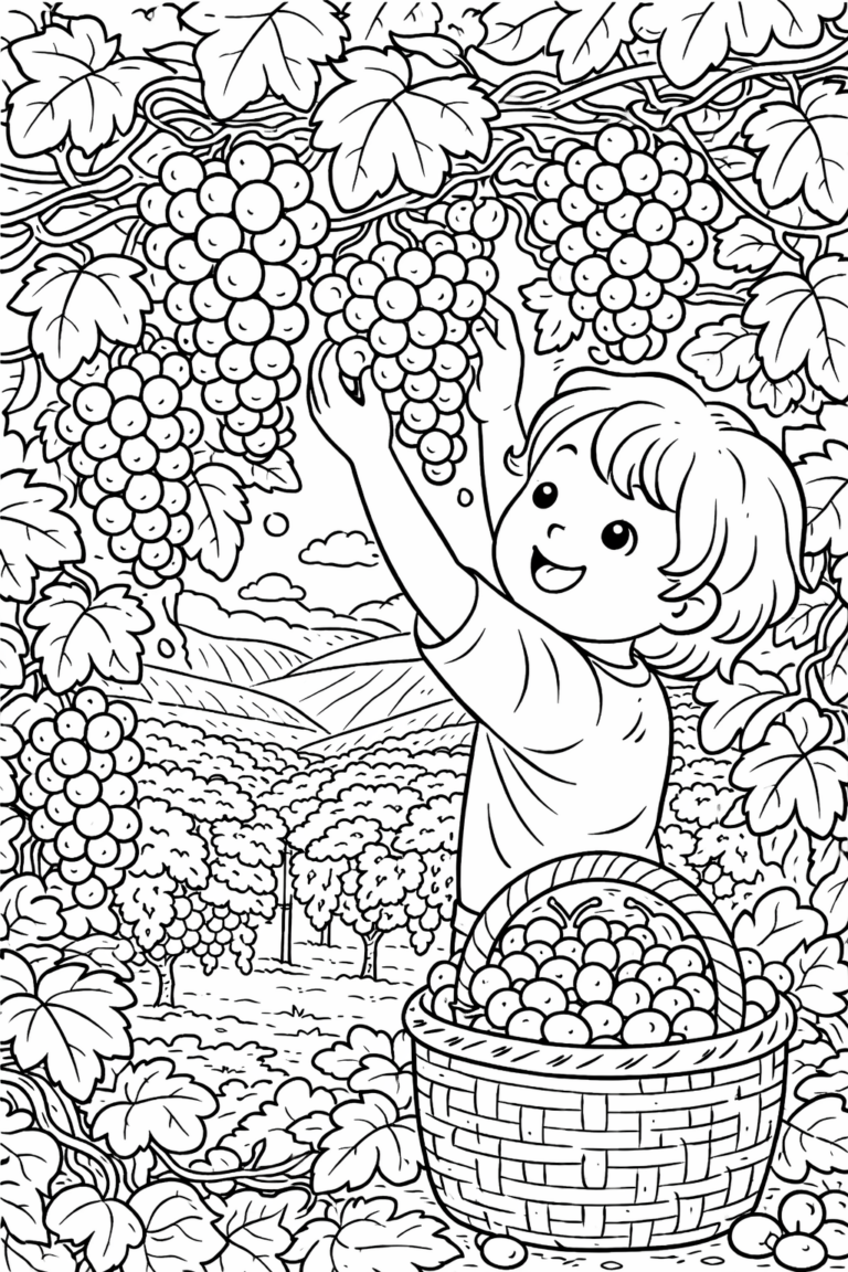 A coloring page depicting a child in a vineyard picking grapes. The vines are laden with grape clusters and a basket sits ready for gathering. The scenic backdrop includes rolling hills and greenery, creating a joyful harvest atmosphere.