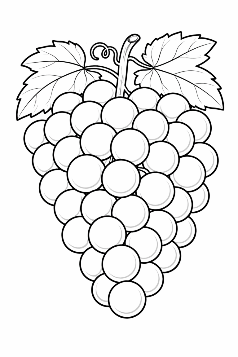 A detailed illustration of a bunch of grapes with large leaves. The page invites children to color the grapes and leaves, exploring different shades of purple and green.