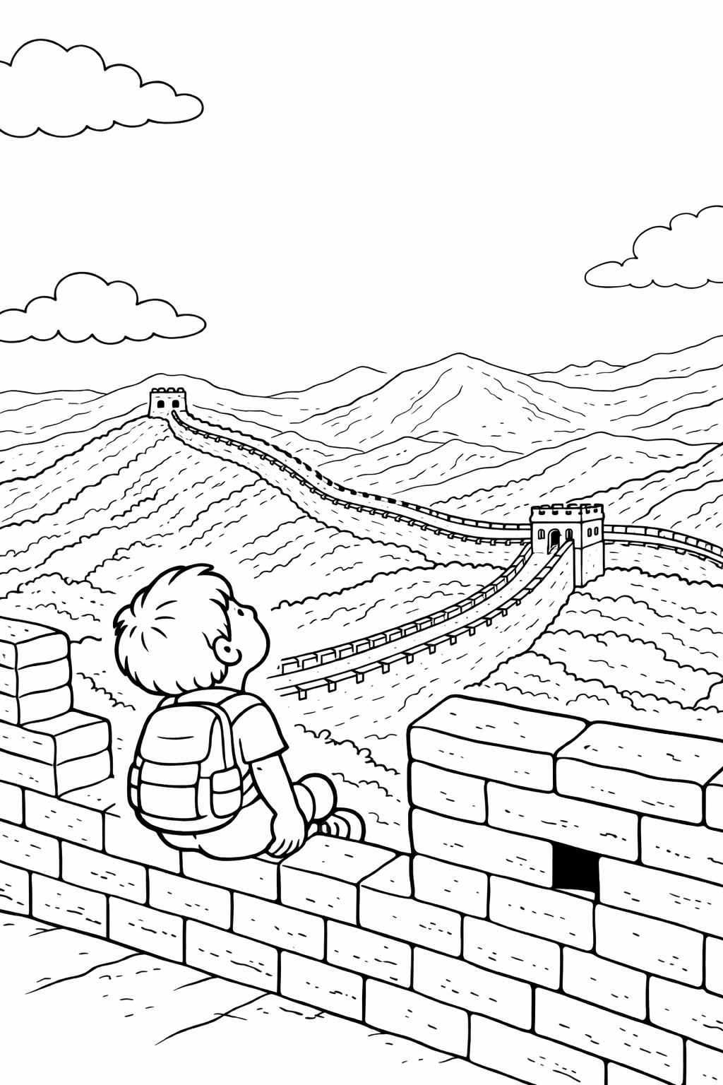 A child sitting on the Great Wall of China, overlooking the landscape and mountains. The detailed illustration captures the iconic structure in a coloring page format suitable for children.