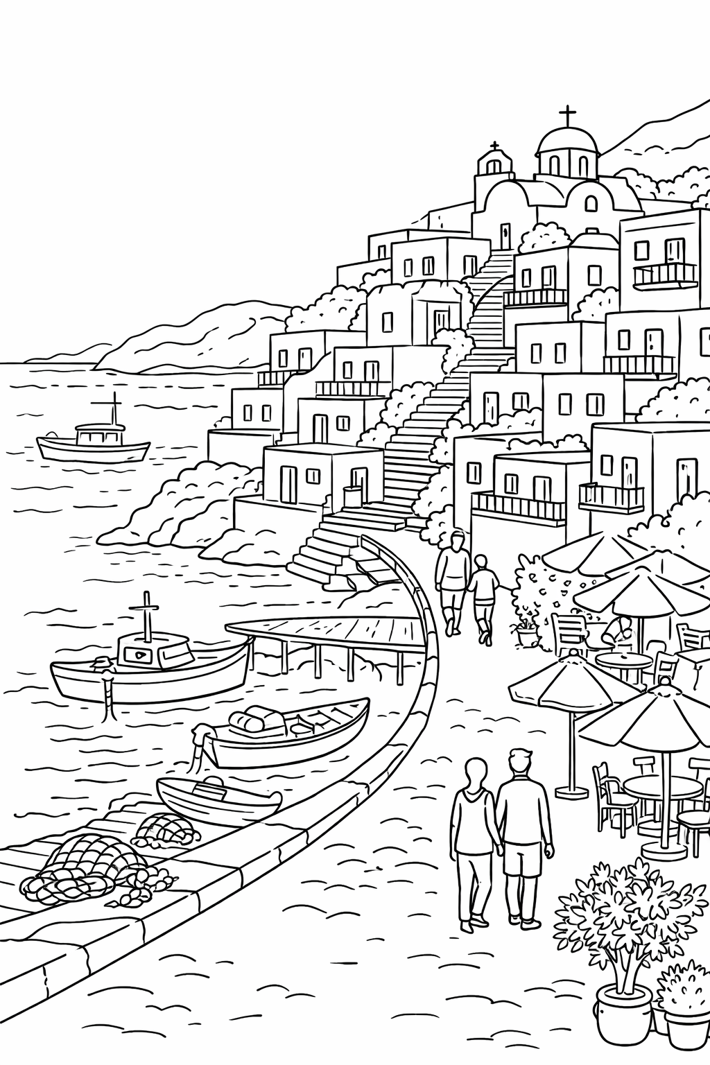 A detailed coloring page showing a scenic Greek seaside village with traditional white buildings, fishing boats in the water, and people strolling along a waterfront path. The scene is ideal for children to color, with options for adding color to the sky, sea, and various architectural elements.