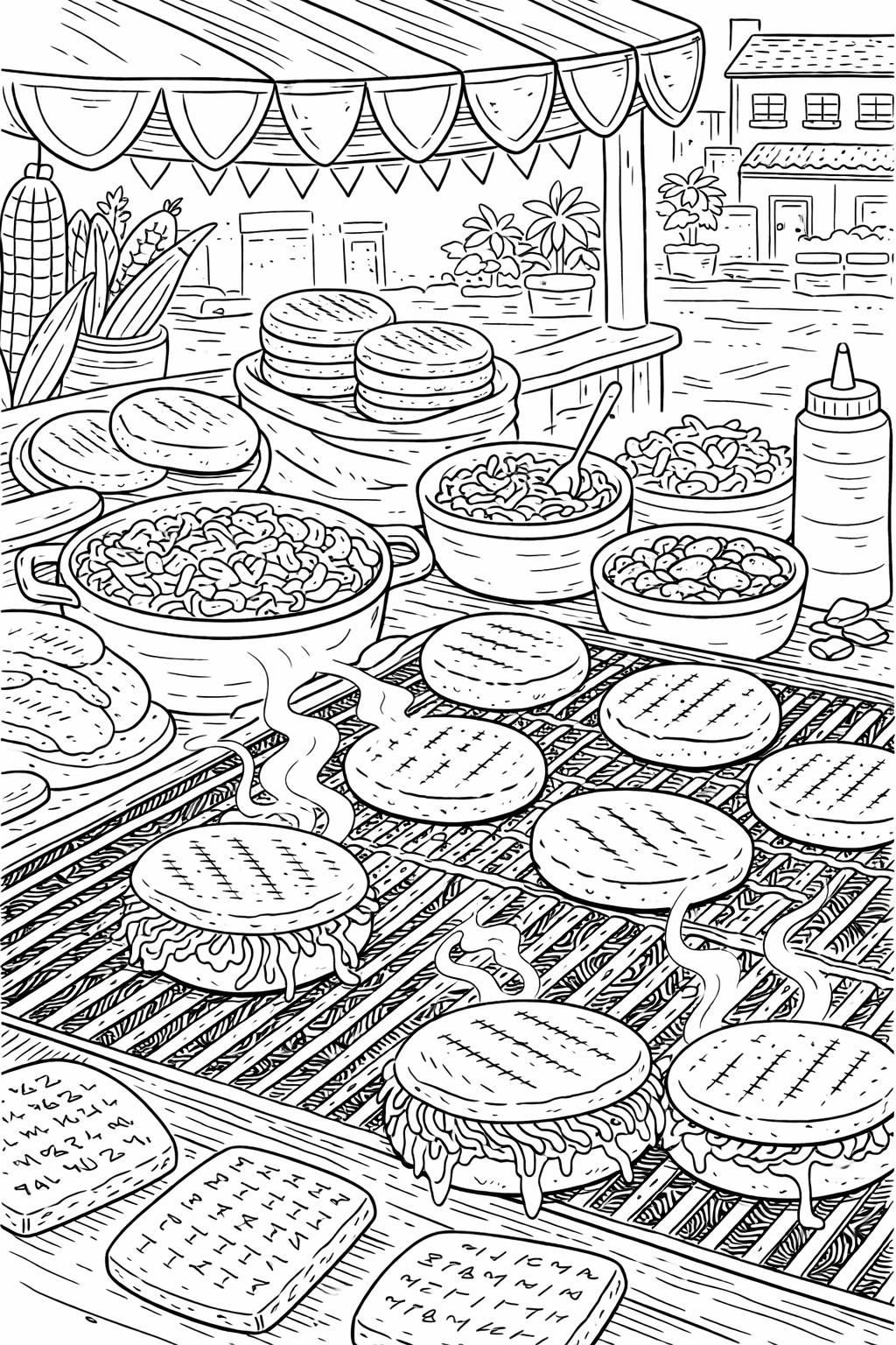 A coloring page depicting a vibrant grilling scene with burgers, buns, and ingredients in an outdoor market setting. This detailed image is perfect for children to enjoy coloring while imagining a bustling food stall.