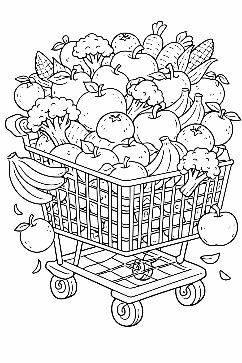 A detailed coloring page showing a grocery cart filled with produce like apples, bananas, broccoli, and corn, providing a fun and educational coloring activity for children.
