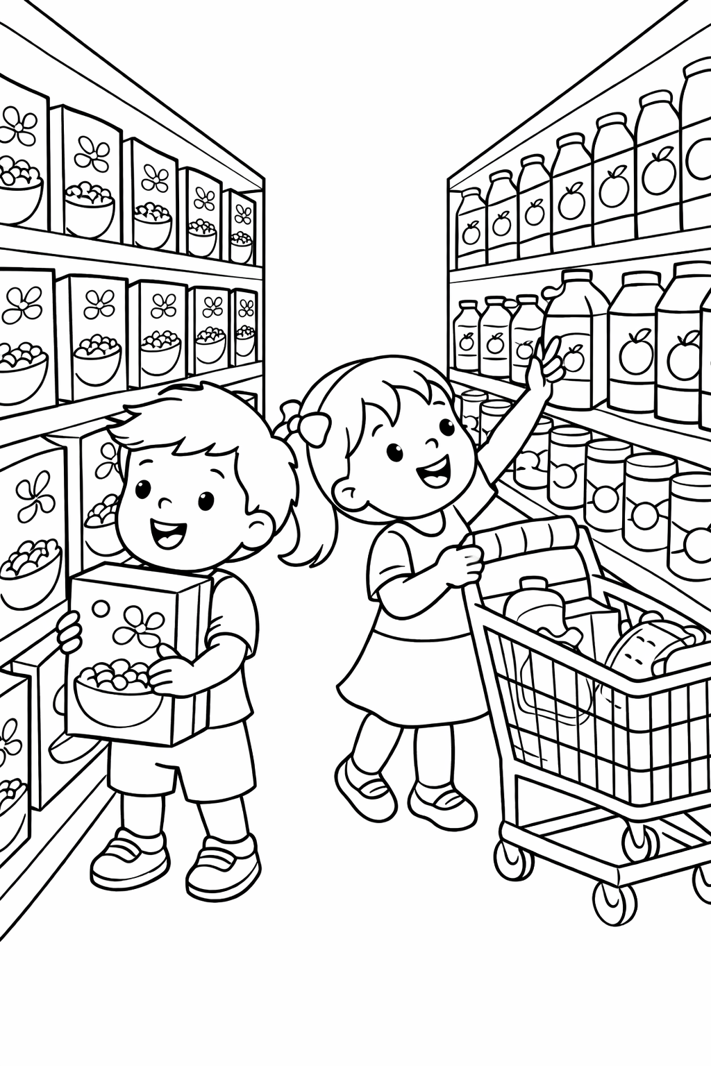 This coloring page features two cheerful children shopping. The boy carries a cereal box and the girl reaches for juice. Their cart is full, showcasing a fun grocery store scene.