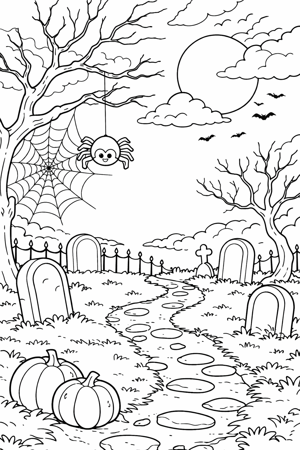 Halloween coloring page featuring a graveyard with tombstones, a hanging spider in a web, pumpkins, and bats flying in a sky with a full moon. Perfect for kids to color and enjoy the Halloween season.