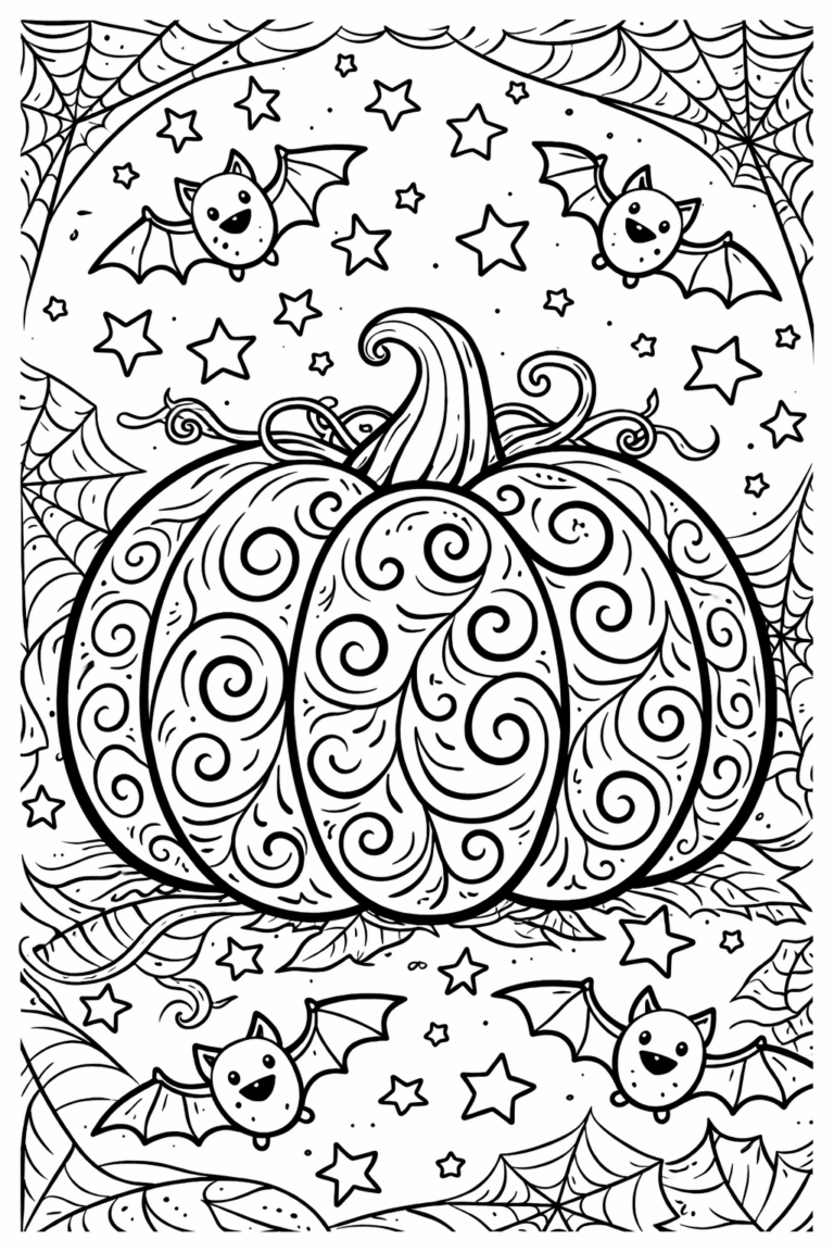 A detailed coloring page for children featuring a large, decorative pumpkin surrounded by happy bats and stars, perfect for creative Halloween fun.