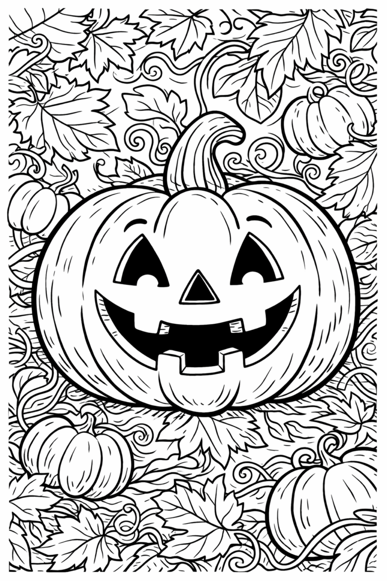 This coloring page displays a smiling jack-o'-lantern surrounded by swirling vines and detailed autumn leaves, ideal for children to color and enjoy during the Halloween season.