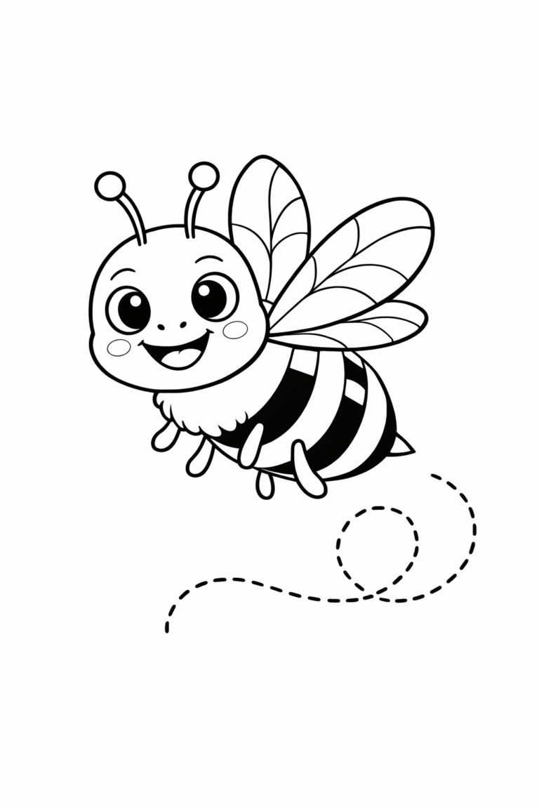 A children's coloring page showing a happy bee with large eyes and delicate wings. Its simple, bold outlines make it perfect for young kids to add their creative colors.
