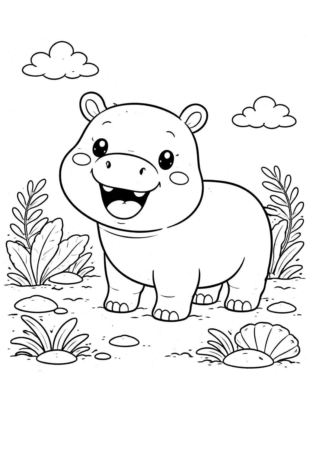 A cheerful hippo stands among rocks and plants, inviting children to color this delightful animal scene. The hippo's playful expression makes it a fun and engaging subject for young artists.