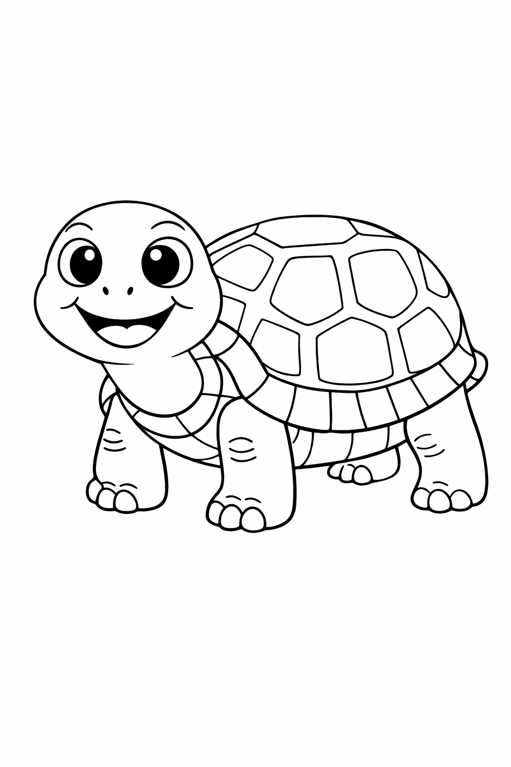 A happy turtle with a big smile, perfect for kids to color. The turtle has a detailed shell and expressive eyes, inviting creativity and vibrant colors from children.