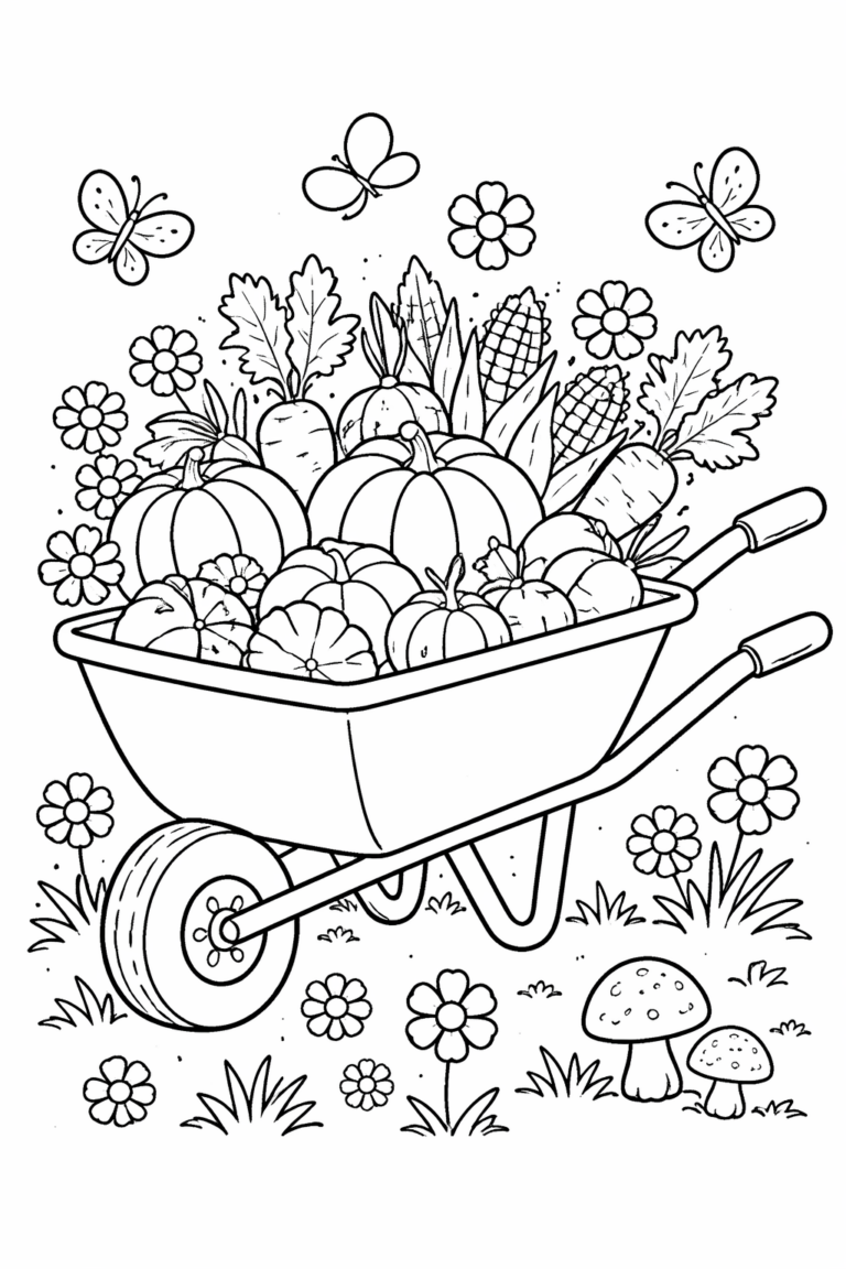A delightful coloring page with a wheelbarrow full of vegetables, including pumpkins, corn, and carrots, surrounded by flowers, butterflies, and mushrooms, offering a fun and educational activity for children.