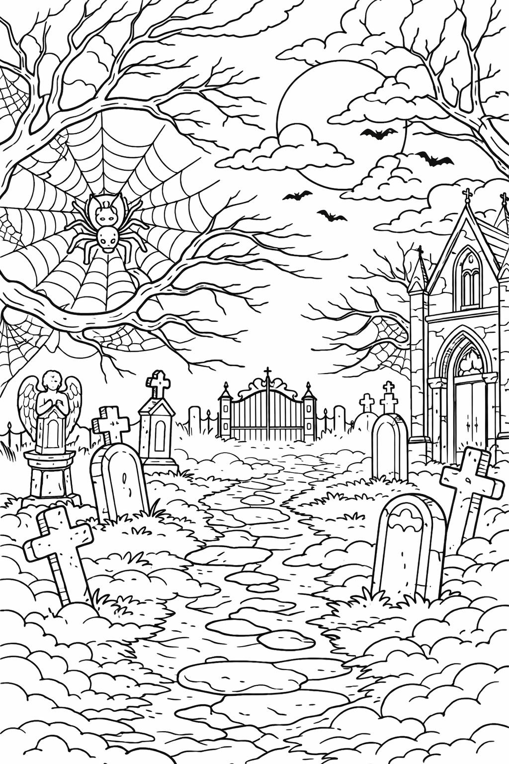 Coloring page of a haunted graveyard showing tombstones, a spider web, and a gothic mausoleum with bats flying across a cloudy, moonlit sky creating an eerie atmosphere.