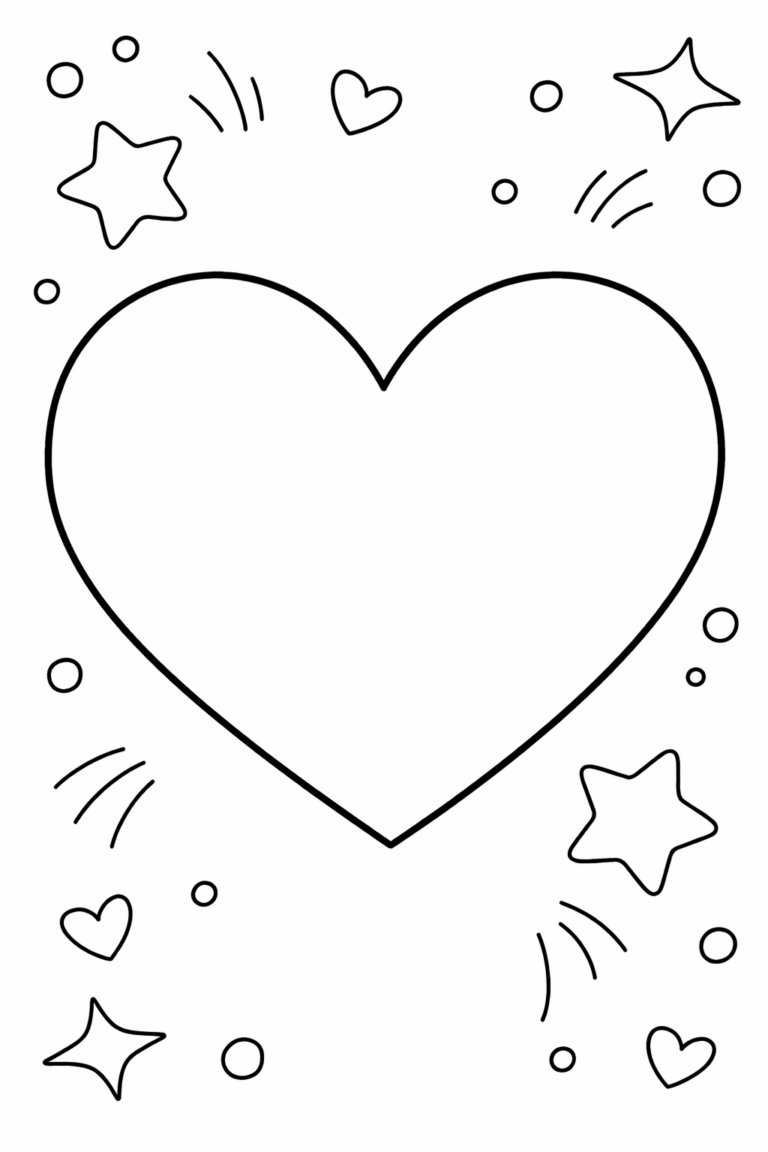 A heart coloring page with a central heart outline surrounded by stars, dots, and smaller hearts, inviting kids to fill it with bright colors and enjoy creative activities.