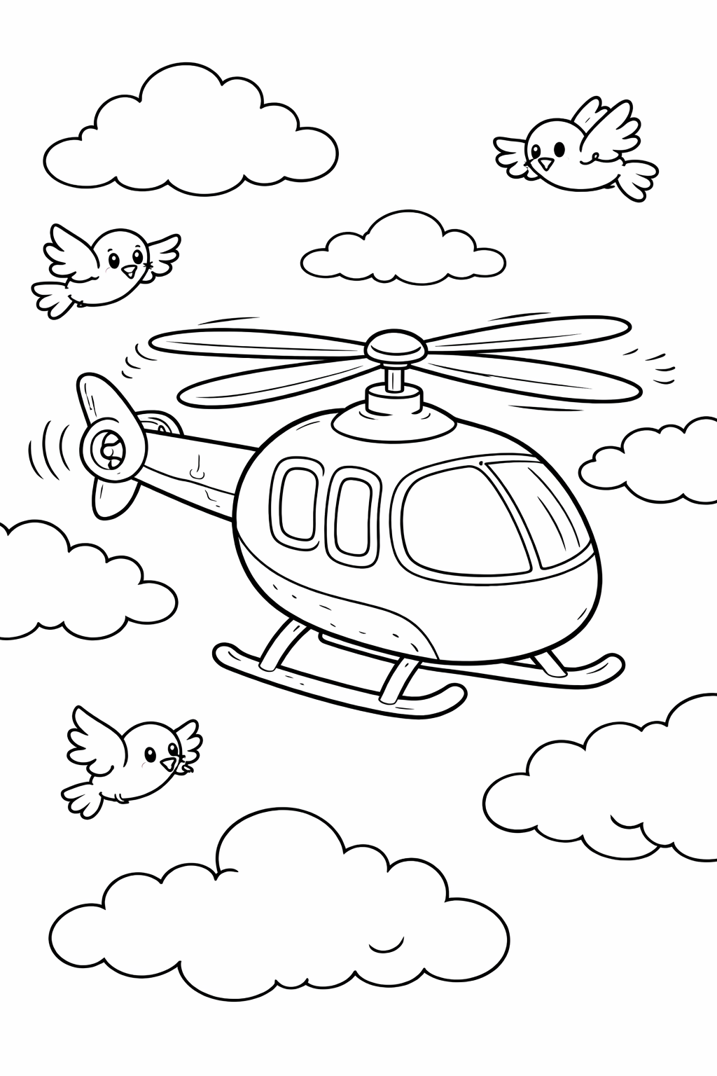A coloring page depicting a helicopter soaring among the clouds, accompanied by joyful birds flapping around, ready for kids to fill with colors.