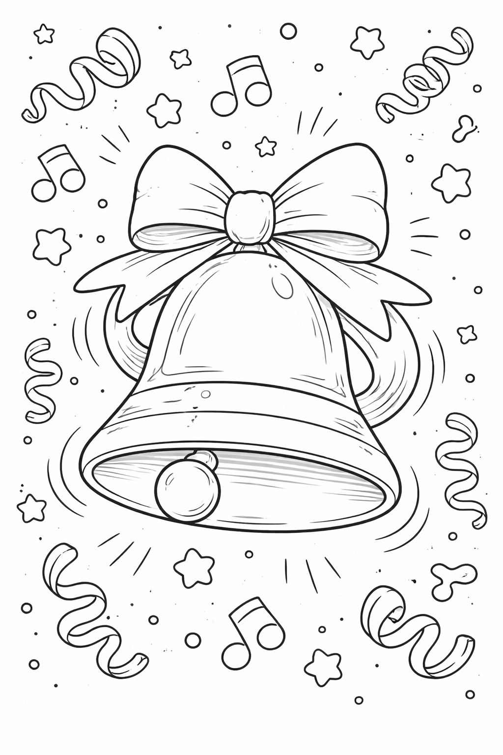 Festive holiday bell with a ribbon, musical notes, stars, and swirl patterns. A delightful scene for children to color, offering a creative holiday-themed art activity.