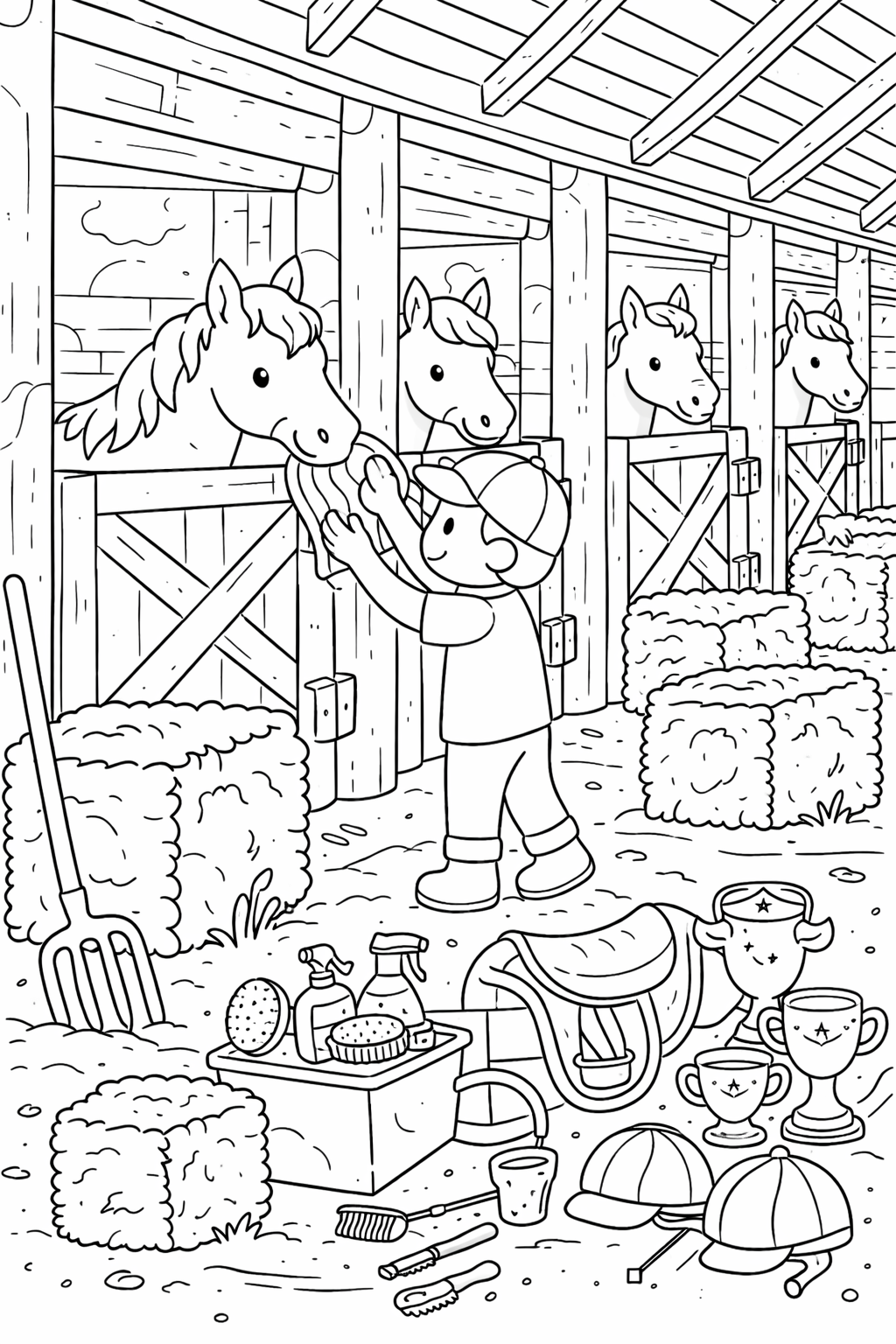 A lively horse stable scene showing a child feeding a horse with other horses peeking from stalls. Various horse grooming tools and trophies add detailed elements for coloring.