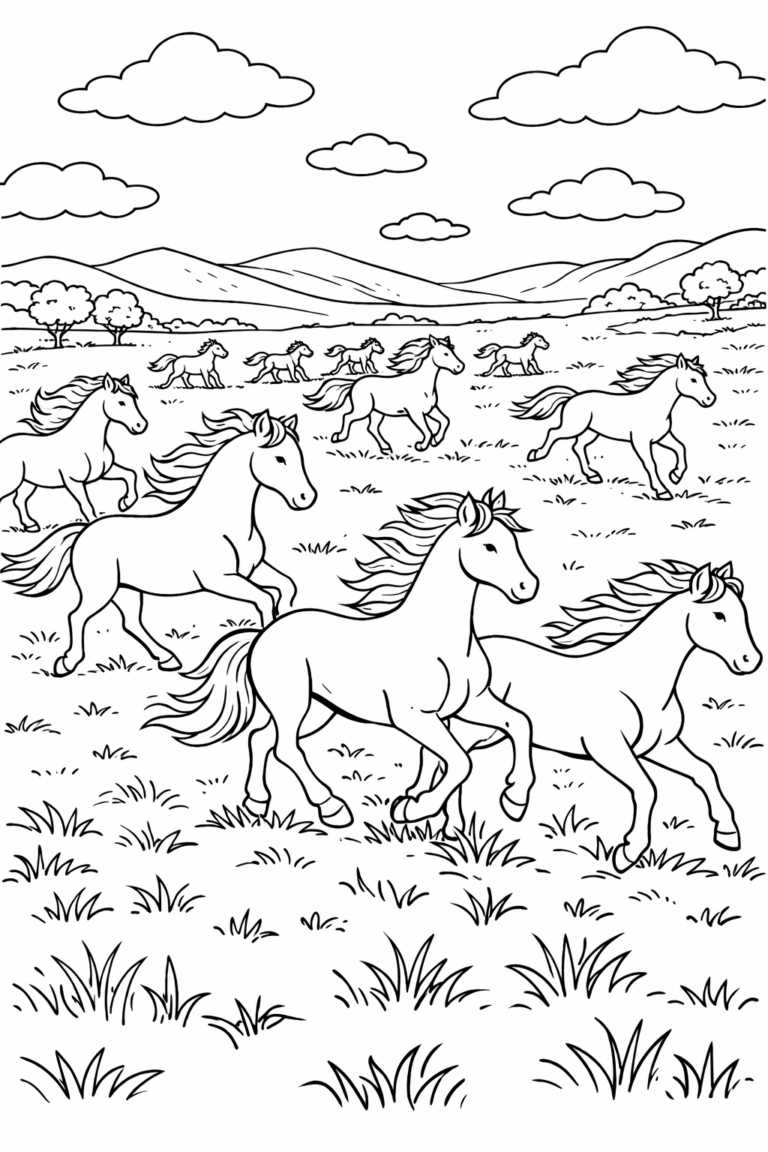 A lively herd of horses gallop across a grassy meadow, surrounded by hills and clouds, inviting children to bring the scene to life with colors.