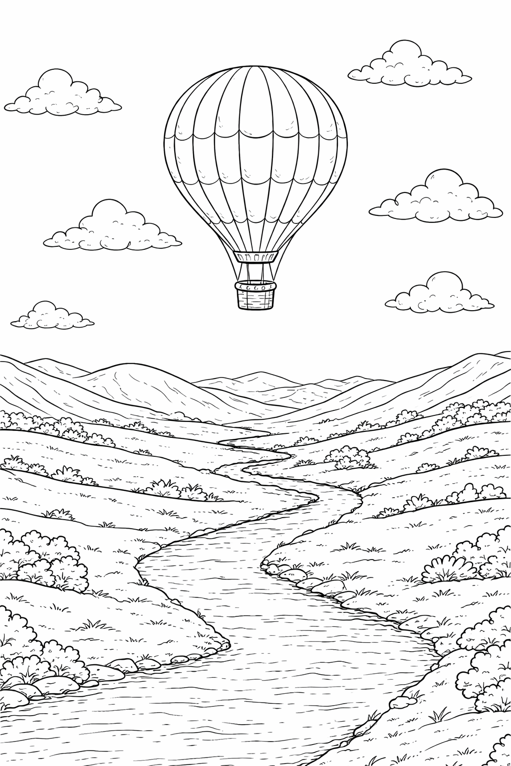 A coloring page with a hot air balloon flying over a landscape of hills, a winding river, and several clouds in the sky. Ideal for children to color and explore creativity with various elements.