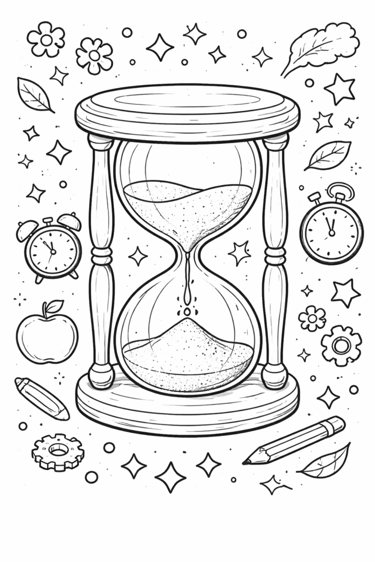 A children's coloring page with an hourglass, clocks, stars, and playful elements like an apple and pencil, offering a creative and engaging activity for kids.