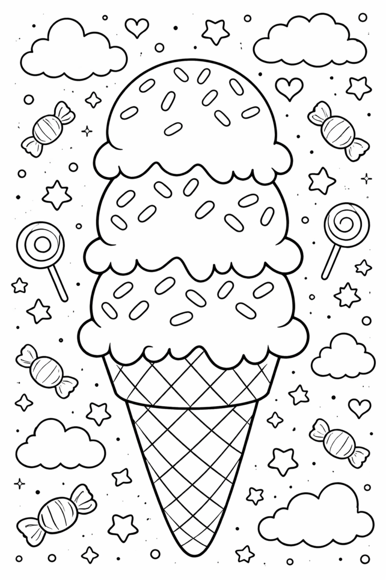 A large ice cream cone with three scoops amidst clouds, candy, stars, and hearts, offering a fun and engaging coloring experience.