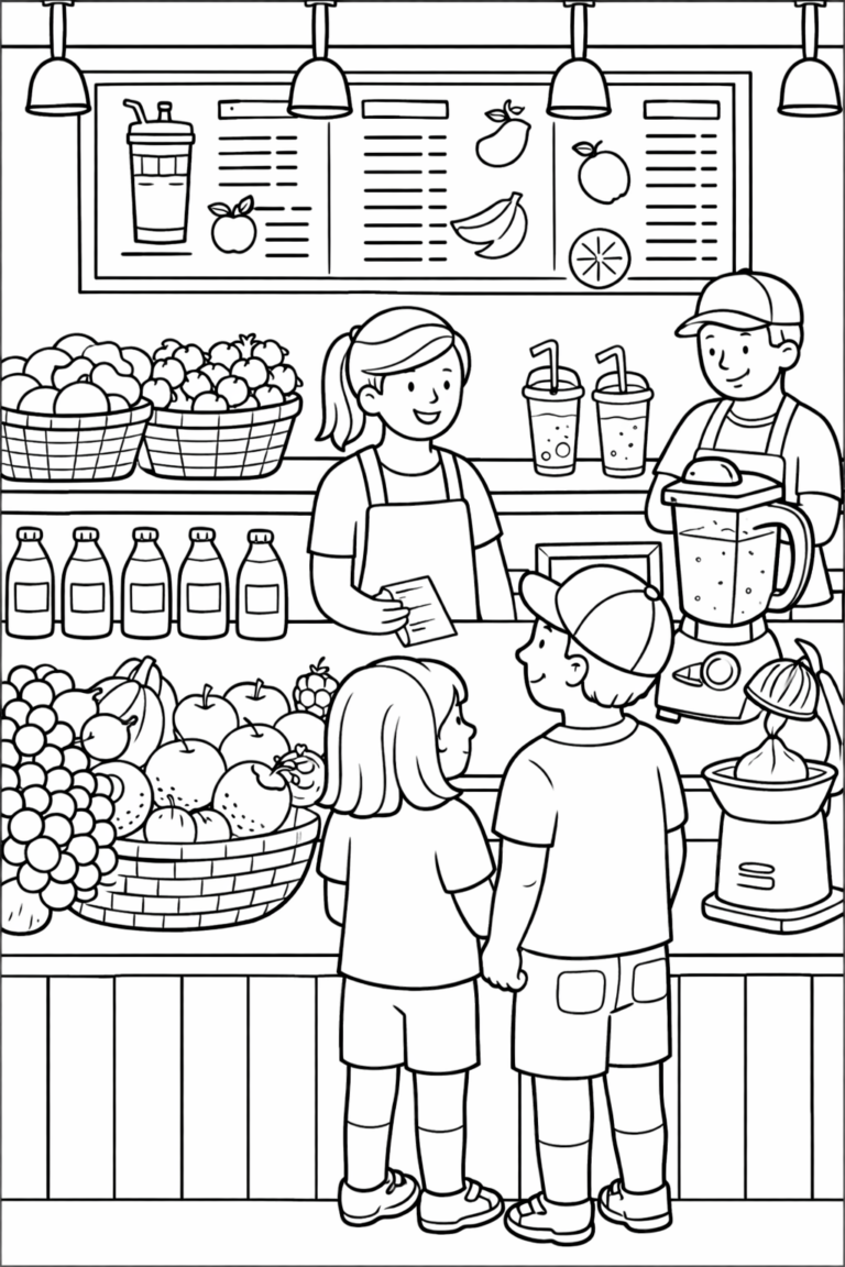 A detailed coloring page of a juice bar scene with workers, customers, fruit baskets, and a blender, perfect for kids to bring to life with colors.
