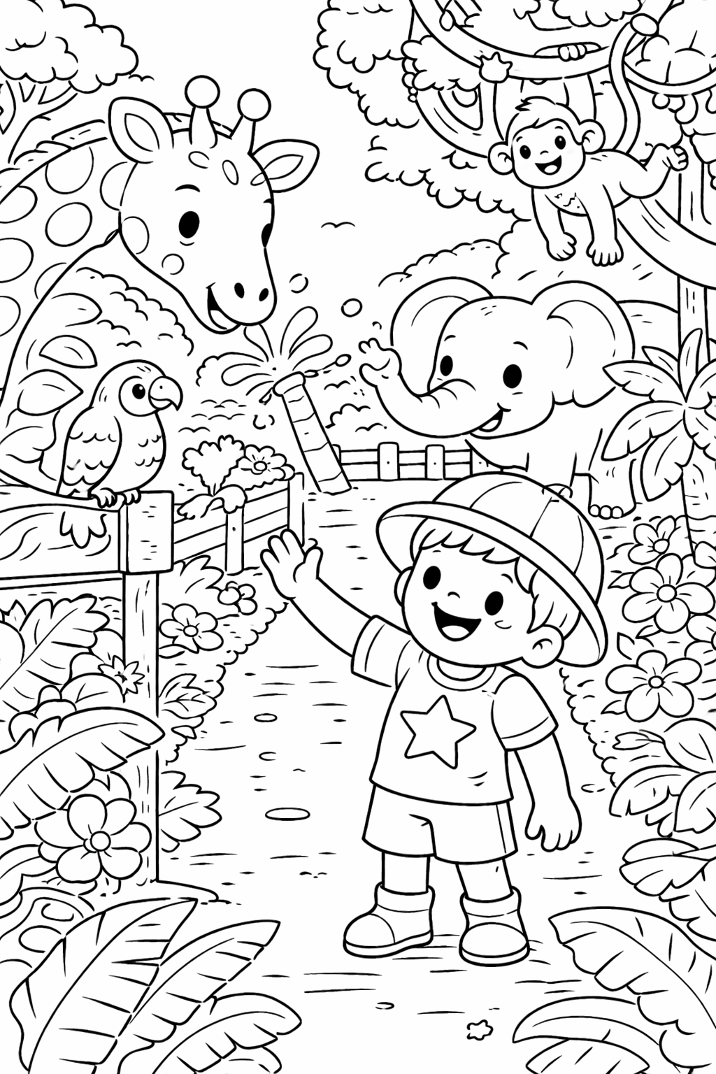 A lively jungle scene with a child waving at animals like a giraffe, elephant, monkey, and parrot surrounded by lush plants. Perfect for kids to color this playful depiction of the natural world.