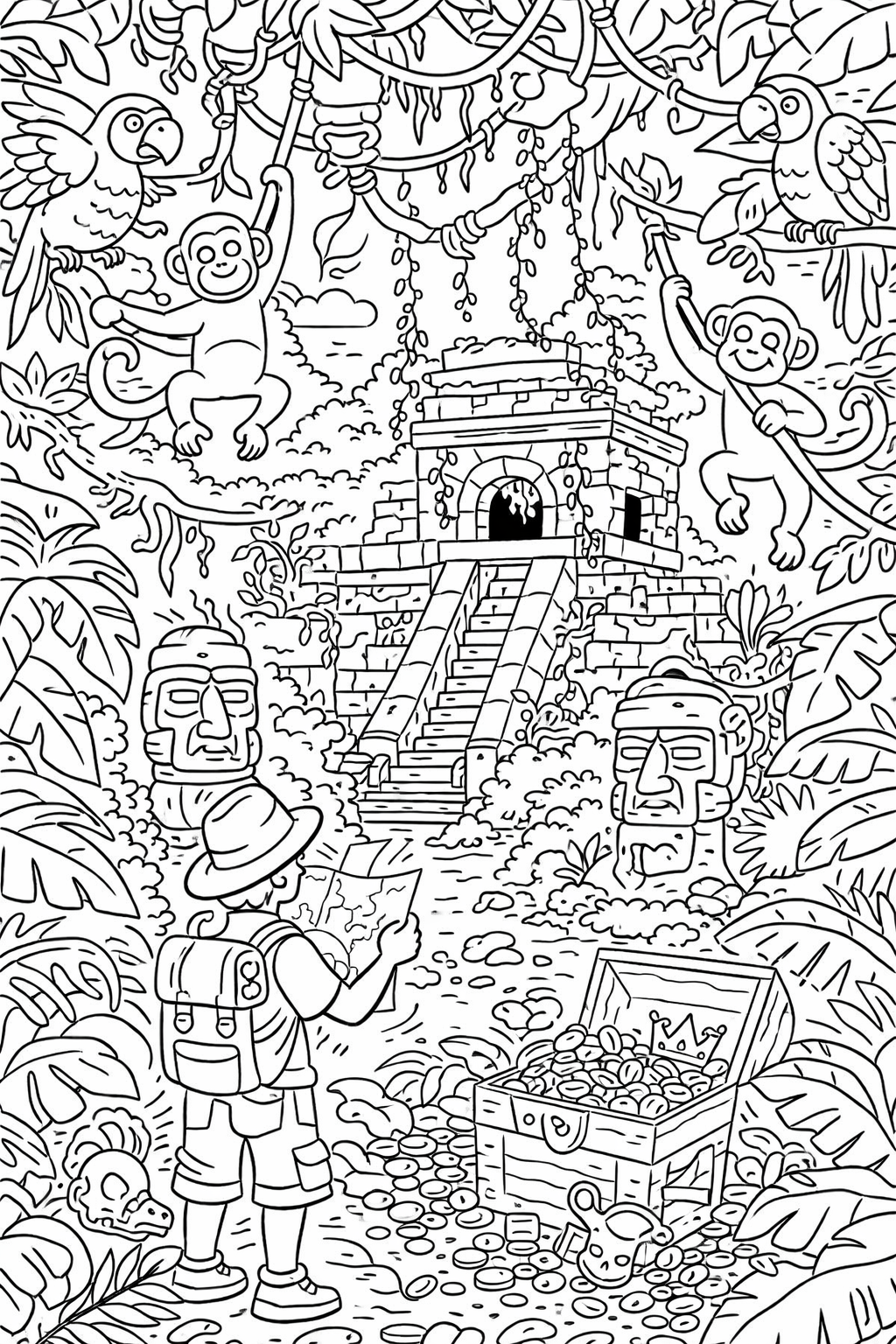 Coloring page of a jungle adventure featuring monkeys, parrots, a temple, and an explorer searching for treasure. The intricate design offers kids a fun way to color a vibrant jungle scene.