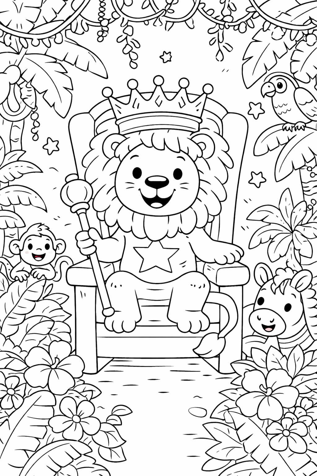 A fun coloring page featuring a regal king lion on a throne surrounded by a cheerful monkey, a colorful parrot, and a playful zebra in a vibrant jungle setting with lush foliage.